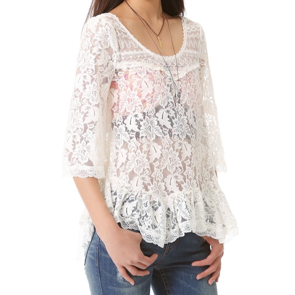 FREE PEOPLE Ivory Lace Flutter Shell Blouse XS